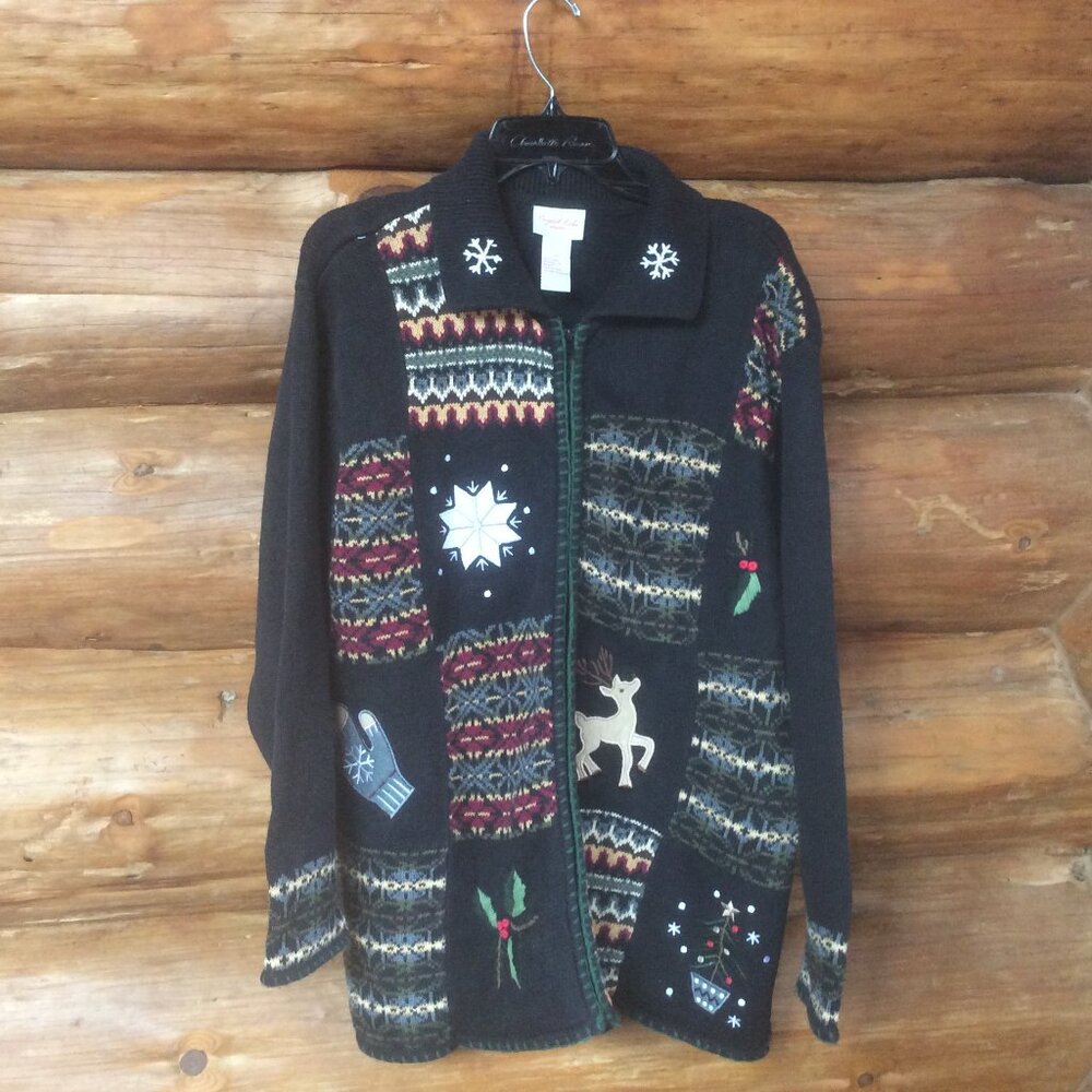Crystal Kobe Black Holiday Zip Up Patchwork Pattern Cardigan Sweater Size 2X